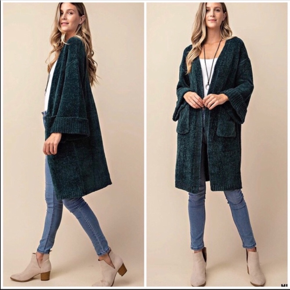 ONE LEFT -Beautiful Long Hunter Green Cardigan - Picture 1 of 4